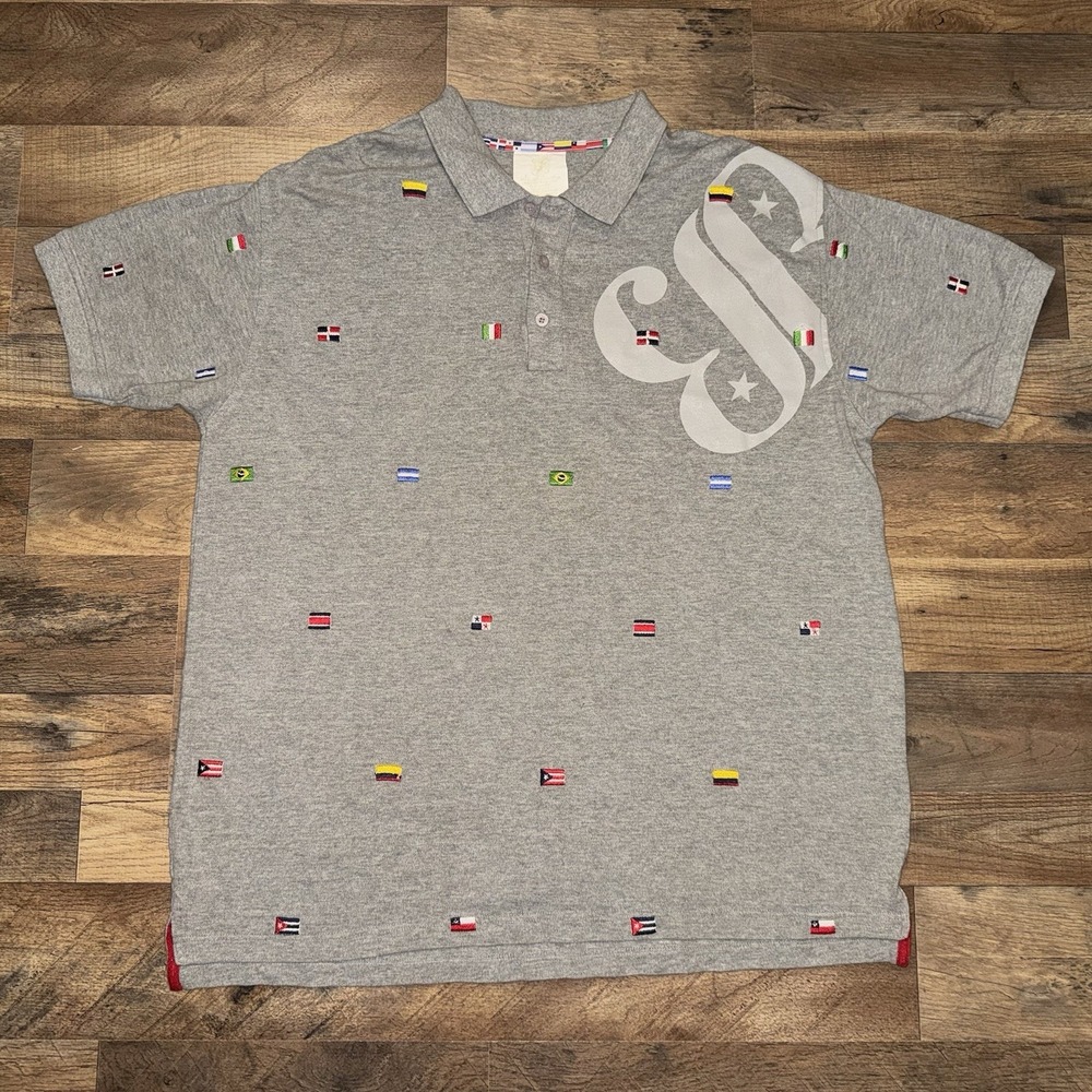 Blanco Label Polo Shirt Gray Size XL Embroidered Flags